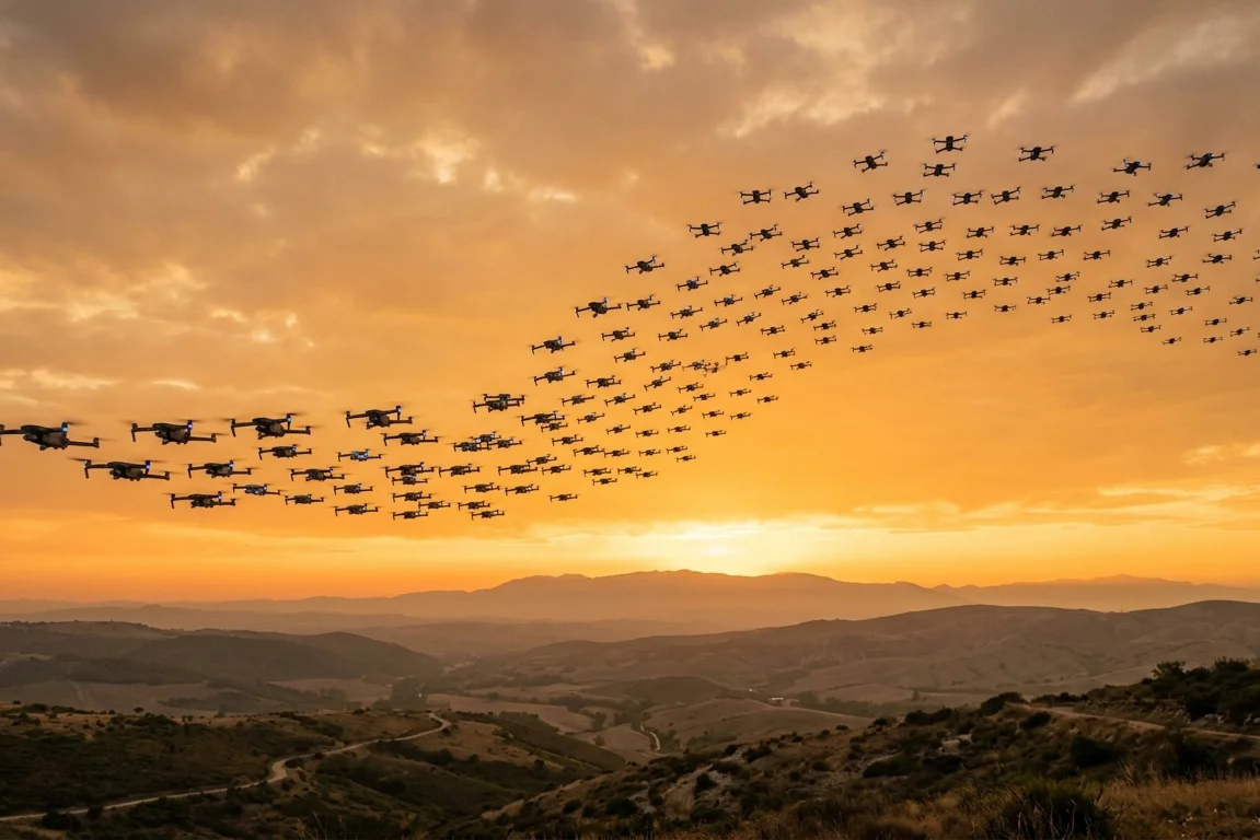 Drones flying in precise formation at sunset, drawing a path through the sky as a metaphor for AI mapping patterns across data