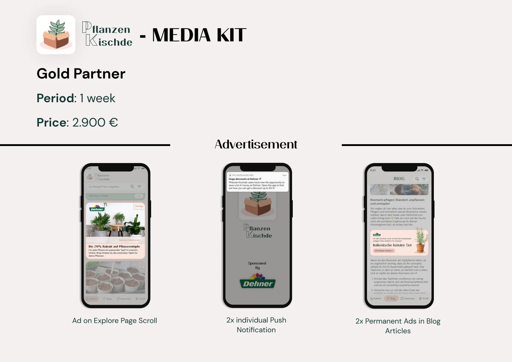 Pflanzen Kischde media kit presenting the concept, revenue streams, and partnership opportunities
