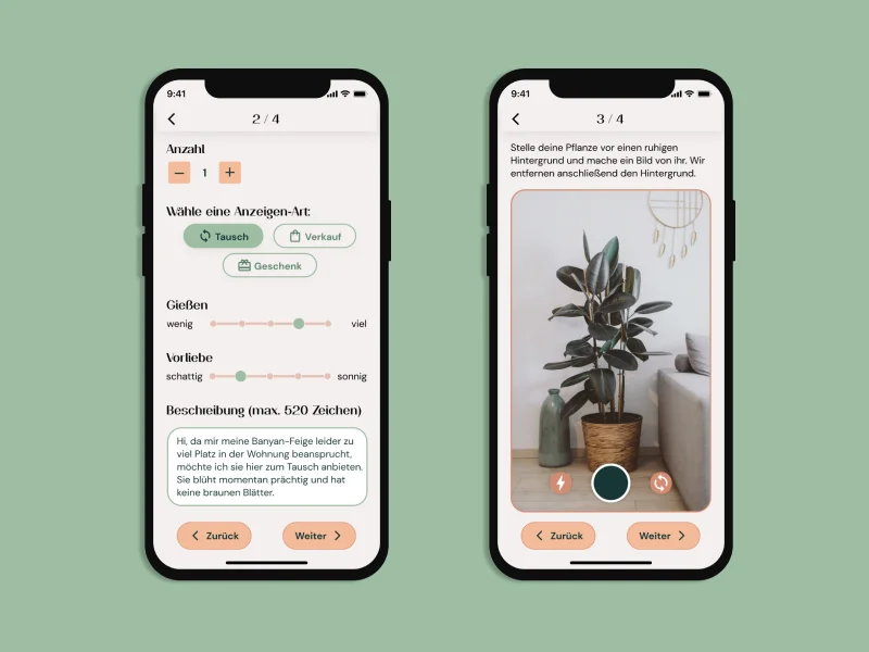 Pflanzen Kischde listing creation wizard showing the four-step flow with AI-assisted photo recognition and plant details
